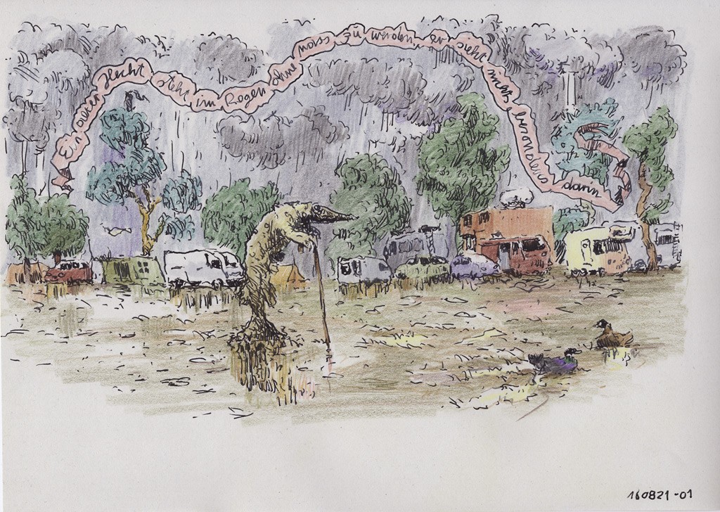 Illustration, Hecht steht im Regen auf einem Campingplatz ohne nass zu werden. Tusche und Buntstift.