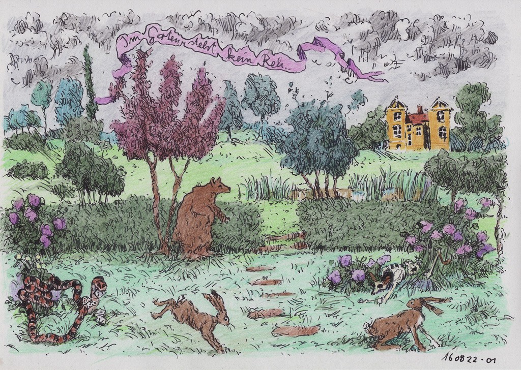 Ein Garten. Darin der Urorobos beim Kartenspiel, zwei Hasen, ein satter Bär und...nun...ein Reh...